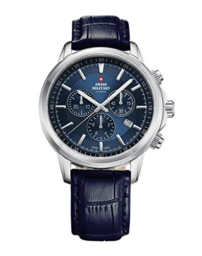 Swiss Military by Chrono Herren Uhr Chronograph Quarzuhrwerk mit Lederarmband Analoge Herrenuhr Armbanduhr Silber SM34052.13