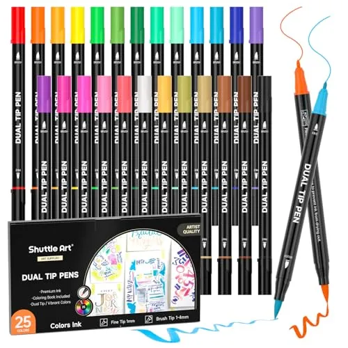 Shuttle Art Dual Brush Pen Set, 25 doppelseitige Pinselstifte, Filzstifte Dicke und Dünne, Aquarellstifte mit Malbuch für Kinder, Filzstifte für Erwachsene zum Malen Handlettering, Kalligraphie Stifte