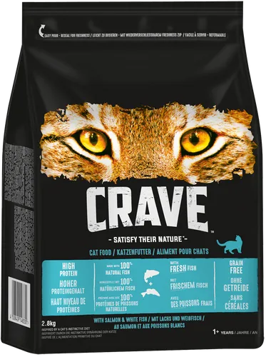 CRAVE Katze Beutel mit Lachs und Weißfisch 2.8kg - Hochwertiges, getreidefreies Adult-Katzenfutter, unterstützt gesunde Muskulatur und sensible Verdauung