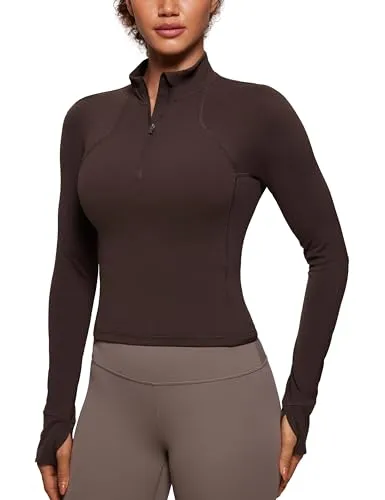 CRZ YOGA Damen Butterluxe 1/2 Reißverschluss Langarmshirt Sport Pullover Crop Oberteile Fitness Gym Running Sweatshirt mit Daumenloch Heißes Fudge-Brown 36