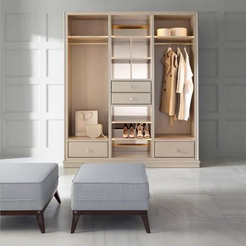 Offener Kleiderschrank aus massivem Holz in Beige - Moderner freistehender Kleiderschrank für das Schlafzimmer, 4 Schubladen und eine Kleiderstange bieten viel Stauraum. Maße: 200 x 60 x 230 cm, ideal für eine stilvolle Raumgestaltung.