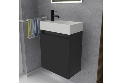 Alpenberger Badmöbel-Set Gäste WC - 2-tlg. Waschbecken mit Unterschrank - Badmöbel-Set in elegantem Schwarz Matt, komplett vormontiert mit grifflosen Griffen. Ideal für kleine Bäder, bietet praktischen Stauraum und modernes Design.