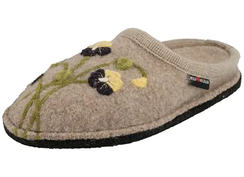 Haflinger Damen Pantoffel Blumen Hausschuh Flair Viola 313102, Größe 42 EU, Beige - Hausschuhe mit Blumenapplikation, aus atmungsaktivem Filz für optimalen Komfort und einen sicheren Auftritt auf glatten Böden.
