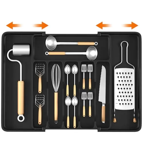 CIOXSOIO Besteckkasten für Schubladen, Verstellbarer Besteckeinsatz, Schubladeneinsatz Küche Erweiterbar auf 33-57 cm, Schwarz Kunststoff Besteck Organizer Cutlery Organizer für Löffe, Messer, Gabeln