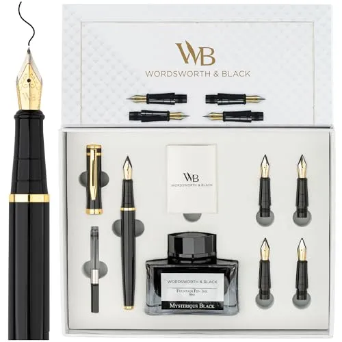 Wordsworth & Black Füllfederhalter-Geschenkset, inkl. Tintenflasche, 6 Tintenpatronen, Tintennachfüllkonverter, 4 Ersatzfedern, Premium-Paket, Kalligraphie, Stifte mit sanftem Schreiben [Schwarzgold]