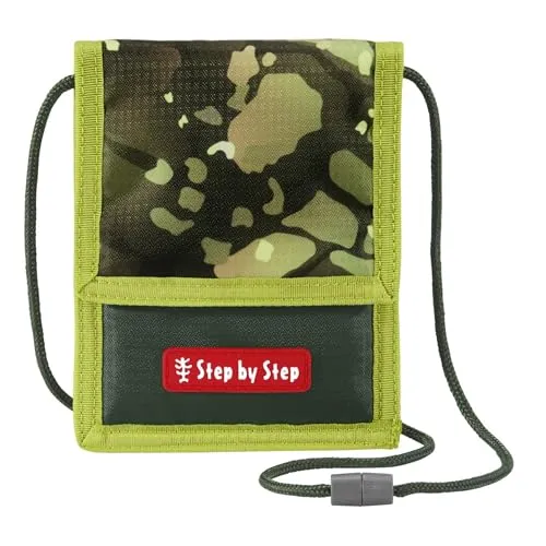 Step by Step Brustbeutel „Dino Torex“ – grün mit Sichtfenster, Münzfach mit Reißverschluss, Schlüsselbefestigung, zum Umhängen, für Jungen ab der 1. Klasse