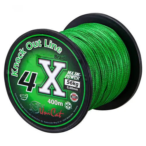 Uni Cat Wallerschnur 4X Braid Knock Out Line (400 m) für Welsfischer - Fluoreszierende geflochtene Schnur mit 0,40 mm Durchmesser und 32 kg Tragkraft. Ideal für den professionellen Einsatz beim Welsangeln. 400 m für ausdauernden Angelspaß.