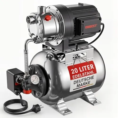 ONBEST Hauswasserwerk 1300 W – 50 m Förderhöhe, 20 l Edelstahl-Druckkessel