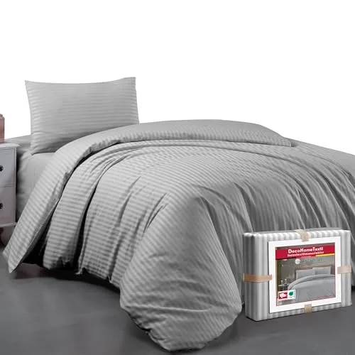DecoHomeTextil Bettwäsche Set Bettgarnitur mit Reißverschluss Polycotton Streifen Hellgrau 1x Bettbezug 135 x 200 cm + 1x Kissenbezug 80 x 80 cm