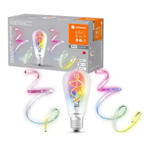Ledvance SMART+ Bundle: Dimmbarer WiFi Edison Filament und RGB-Lichtband - LED Streifen Bundle mit dimmbarer WiFi Lampe und RGB-Lichtband, steuerbar via Alexa und Google, ca. 16 Mio. Farben für individuelles Ambiente.