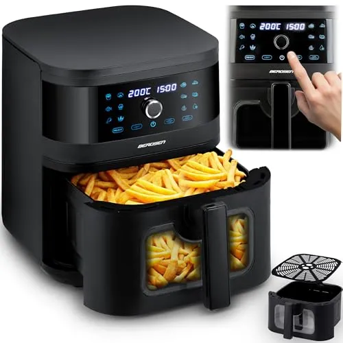 Berdsen Heißluftfritteuse XXL 8L - Gesunde Frittier-Alternativen - Heißluftfritteuse mit 8L Volumen, ideal für große Portionen. 12 Programme für vielseitige Gerichte, knusprig ohne Fett und mit Sichtfenster für Kontrolle beim Kochen.