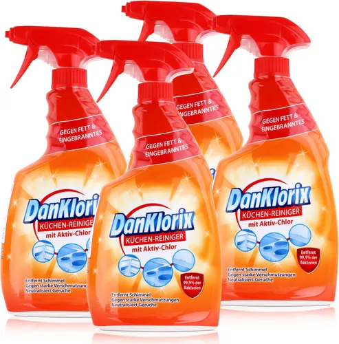 DanKlorix Küchen-Reiniger 750ml - Kraftvolles Reinigungsmittel im 4er Pack - Der DanKlorix Küchenreiniger sorgt für hygienische Sauberkeit in Ihrer Küche. Mit Aktiv-Chlor entfernt er hartnäckige Flecken und Bakterien schnell und effektiv. Ideal für den täglichen Einsatz!