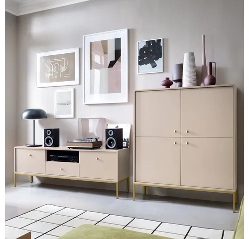 Lomadox Wohnzimmer-Set MALAGA-160 - Stilvolles 2-teiliges Set in sandbeige mit goldfarbenen Akzenten - Elegantes Wohnzimmermöbel Set in sandbeige mit goldfarbenem Fußgestell und stilvollen Metallgriffen. Ideal für modernes Wohnen und kreative Raumgestaltungen.