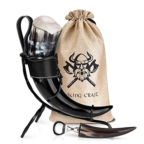 VIKING CRAFT® Trinkhorn - Extra Großes 5-teiliges Horn Set für Wikinger Met - Bierkrüge: Genießen Sie Met und Honigwein aus einem handgefertigten, lebensmittelechten Trinkhorn. Ideal für Wikinger-Fans und als einzigartiges Geschenk!