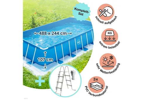 Polygroup Summer Waves Frame Pool Komplettset 488 x 244 x 107 cm - Quick-Up-Pool für 1-3 Personen, mit schneller, werkzeugloser Montage und Sicherheitsleiter für sorgenfreies Baden im eigenen Garten.