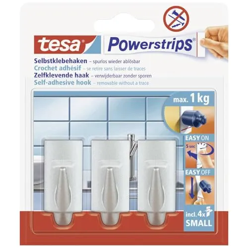 tesa Powerstrips Haken Small TREND - Selbstklebender Wandhaken für Glas, Kacheln, Holz, Kunststoff und andere Untergründe - Matt-Chrom