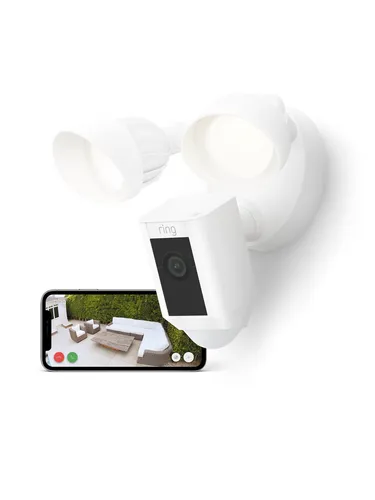 Amazon Ring Floodlight Cam Wired Plus White - Sicherheitskamera mit Flutlicht - Überwachungskamera für den Außenbereich mit 1080p HD-Video, integrierten Flutlichtern (2000 Lumen) und Bewegungssensor für maximale Sicherheit. Ideal für Ihr Smarthome.