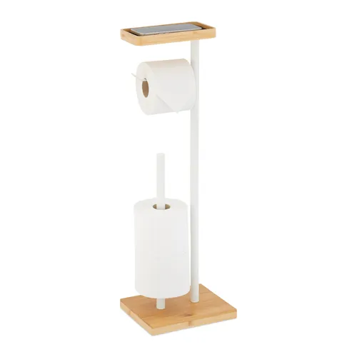 Relaxdays Toilettenpapierhalter mit Ablage - Toilettenpapierhalter für das Bad mit rutschfester Ablagefläche für Smartphone oder feuchtes Toilettenpapier. Flexibles freistehendes Design aus Bambus und Metall, ideal für jedes Badezimmer.