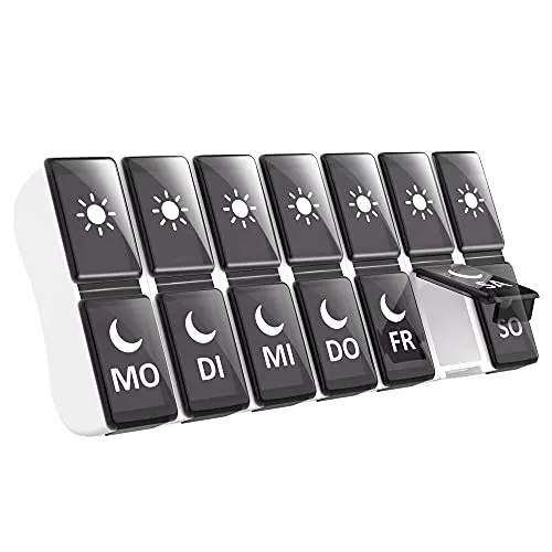 DOHIMGIO Pillendosen-Organizer 2 Mal am Tag, Pillendosen 7 Tage Zweimal am Tag, Kleine wöchentliche Pillendose mit 14 Fächern, Schwarz 002