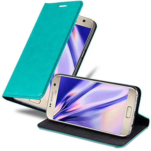 Cadorabo Hülle kompatibel mit Samsung Galaxy S7 aus Premium Kunst Leder Flip Klappbare Stoßfeste Magnetische [Standfunktion] [Kartenfächern] Cover Hülle für Galaxy S7 Tasche in Türkis