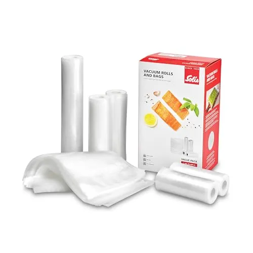 Solis Vakuumierbeutel & Vakuumrollen für Lebensmittel - 5 Rollen + 50 Beutel - Zubehör für Folienschweißgeräte, für längere Haltbarkeit von Lebensmitteln und geeignet zum Tiefkühlen oder Vakuumgaren, BPA-frei und wiederverwendbar.