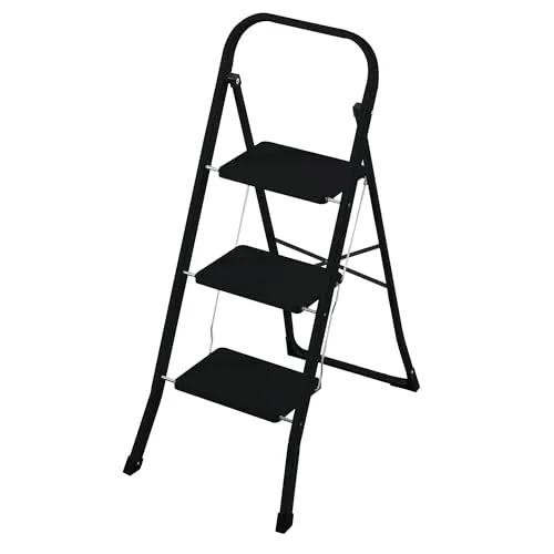 Rijoka Klapptritt 3 Stufen – Klappbar Haushaltsleiter – Stahl – Anti-Rutsch – bis 150kg Belastung – Schwarz