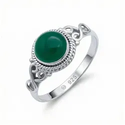 mantraroma Silber Ring Damen 925 grüner Onyx runder Stein romantisch