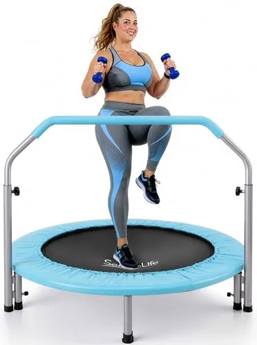 SereneLife Fitness Trampolin Indoor, Ø 102 cm – Faltbarer Rebounder mit Rückprall & Höhenverstellbarem Griff, Bis 150KG, ideal für Zuhause, Cardio, Sport & Training