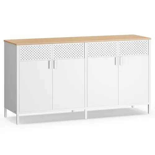 SONGMICS Aufbewahrungsschrank mit 4 Türen, Metallschrank in mattweiss-eichenbeige