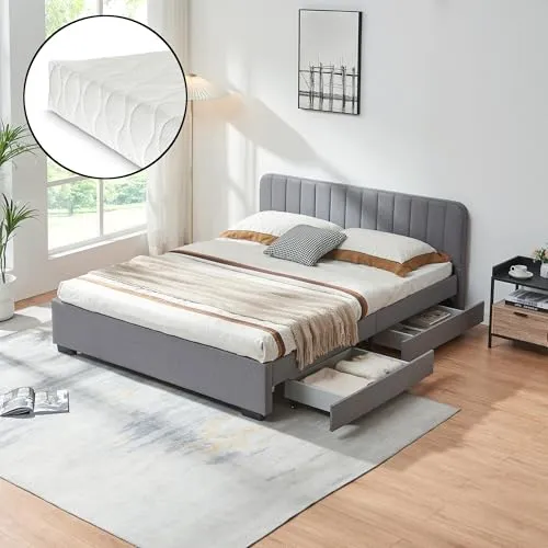[en.casa] Polsterbett Nofrenna 160x200 cm mit Matratze - Elegantes Stauraumbett mit 4 Schubladen für Bettwäsche und Kissen, gepolstert mit Leinenbezug in Grau – für erholsame Nächte und stilvollen Komfort.