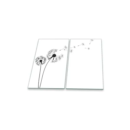 Herdabdeckplatte Abdeckung Ceranfeld Abdeckplatte Schneidebrett 2-Teilig 60x52 Pusteblume Schwarz Spritzschutz Glasplatte Ceranfeldabdeckung Schutz Herdschutz Sicherheitsglas Glasschneidebrett 2x30x52