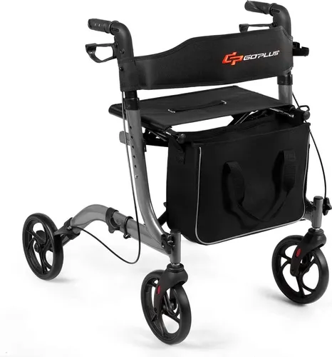 COSTWAY Aluminium Rollator, Reiserollator faltbar, Leichtgewichtrollator hoehenverstellbar, mit abnehmbarem Aufbewahrungsbeutel, Einbrennlackierung, fuer Senioren und Erwachsene, schwarz
