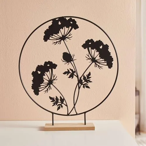 FRANK FLECHTWAREN Dekoring Blumen, Metall, Mattschwarz, Holz Maße: Ø 35 cm, GH 39 cm