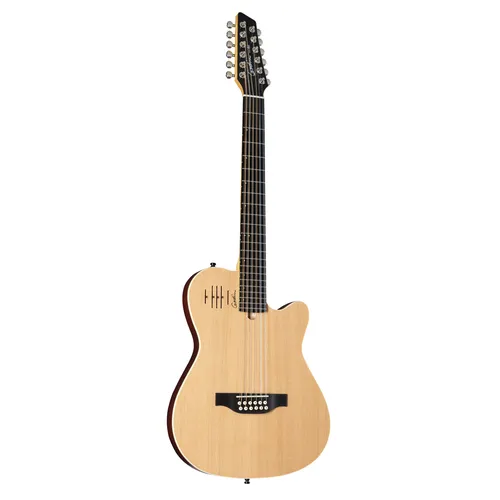 Godin A12 Natural Semi Gloss 12-saitige Akustikgitarre - Halbakustische 12-saitige Gitarre mit massiver Zederndecke und Ahornkorpus. Ideal für Bühnenauftritte, überzeugt durch natürlichen Klang und komfortable Bespielbarkeit. Inklusive stabiler Tasche.