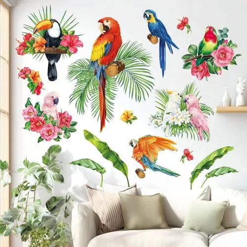 BASHOM BS-108 Bunte tropische Papageien-Wandaufkleber Wandtattoo Vögel Abziehbilder abnehmbar für Garten Kinderzimmer Schlafzimmer Wohnzimmer Kunst Heimdekoration Wandbilder Dekoration