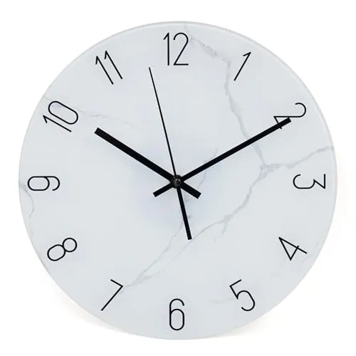 K&L Wall Art 30cm große Wanduhr aus Glas Küchenuhr Marmor Optik auf Klarglas leise Glasuhr ohne Tick-Geräusche (Marble weiß grau)
