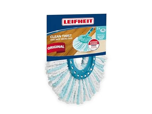 Leifheit 2er Set Ersatzkopf CLEAN Twist Disc Mop Micro Duo, für alle Bodenarten, ideale Schmutzaufnahme Dank 2-Faser-System, saugfähiger Microfaser, mit hoher Wasser- und Schmutzaufnahme, Ersatzbezug