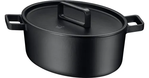 WMF Flavour Bräter oval 34 x 28 cm - Gusseisen Bräter für Induktion, mit innovativem Deckel für 25% mehr Flüssigkeitsbewahrung, ideal für Suppen, Braten und stilvolles Servieren.