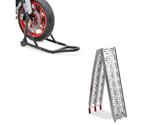ConStands Motorradheber Set: Auffahrrampe + Montageständer S1 - Wagenheber Set mit klappbarer Aluminium-Auffahrrampe (bis 340 kg) und stabilem Vorderrad-Montageständer für sicheres Aufbocken und Reparaturen. Ideal für alle Motorradtypen!