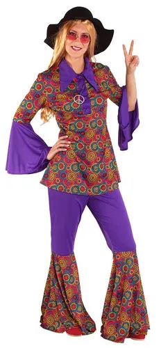 Karneval-Klamotten Hippie-Kostüm Damenkostüm 60er Jahre Flower Power, Retro Anzug lila-bunt mit Kragen, Hippie-Hemd und Schlaghose