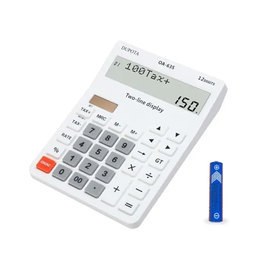 DUPOTA Taschenrechner Tischrechner Große Tasten 2 zeilig Extra Großes Display 12-stelliger Tischrechner Bürore mit Mehrwert Steuer Funktion Weiß Mittlere Größe (OA-635)