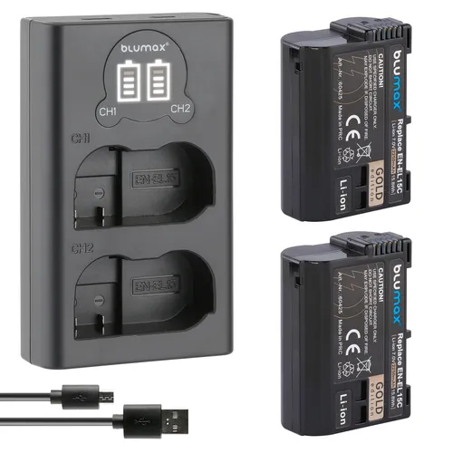 2x Akku + LCD Lader für Nikon EN-EL15C Z5 Z6 Z7 II D7500 - Kameraakkus mit 2250 mAh Kapazität für zuverlässige Energieversorgung. Ideal für den Einsatz bei langen Fotosessions und sorgt für ununterbrochenes Fotografieren.