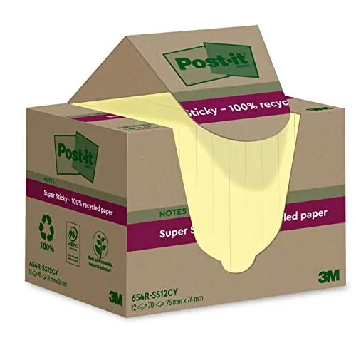 Post-it Super Sticky 100 % Recycling Notes, 12 Blöcke, 70 Blätter pro Block, 76 mm x 76 mm, Gelb - Extra starke Haftnotizen aus 100 % Recyclingpapier
