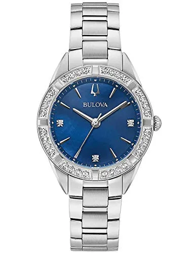Bulova Damen Analog Quarz Uhr 96R243 - Elegante Armbanduhr mit Edelstahlarmband, 32mm Gehäuse und blauem Ziffernblatt. Wasserdicht bis 3 bar, ideal für stilbewusste Frauen.