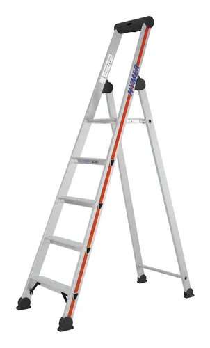 Hymer Stufenstehleiter Plattform einseitig 5 Stufen AH 2,61m - Leiter mit stabiler Plattform für sicheres Arbeiten in der Höhe, ideal für Handwerk und Haushalt.