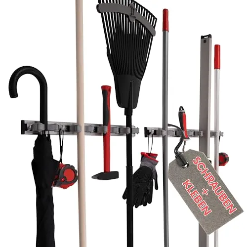Poly Solution® Besenhalter & Gerätehalter Wand 2 Stück mit 4 Halterungen & 5 Haken Kleben oder Bohren Universal Gerätehalterung für Besenstiel, Gartengeräte, Werkzeug - Besenhalterung für Abstellraum