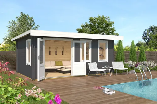 Gartenhaus Blockhaus Pultdach 40 mm Baruda 53 grau 530x350 cm