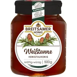 Breitsamer Weißtanne Honig, 500 g - Aromatischer Tannenhonig in grünlich dunkelbrauner Farbe, mit harzig-malzigem Geschmack und einer Note von Trockenpflaumen. Praktisches 500g Glas mit klappbarem Deckel für einfaches Öffnen.