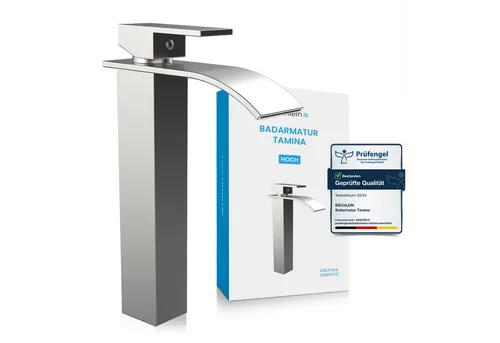Bächlein Badarmatur Tamina - Wasserfall hoch - Armaturen mit modernem Wasserfall-Design, DVGW-geprüft und inklusive Montageset für einfache Installation. Erleben Sie seidenweiches Öffnen dank der langlebigen Keramik-Kartusche.