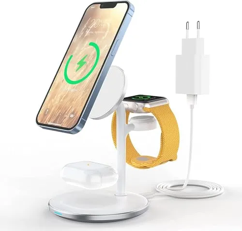 in 1 Kabellos Ladestation,Induktive Ladestation,15W Wireless Charger Kompatibel mit Mag Safe Ladegerät für iPhone 16 15 14 Pro Max/Plus,iWatch Ultra/8/7/SE/6/5/4,AirPods 3